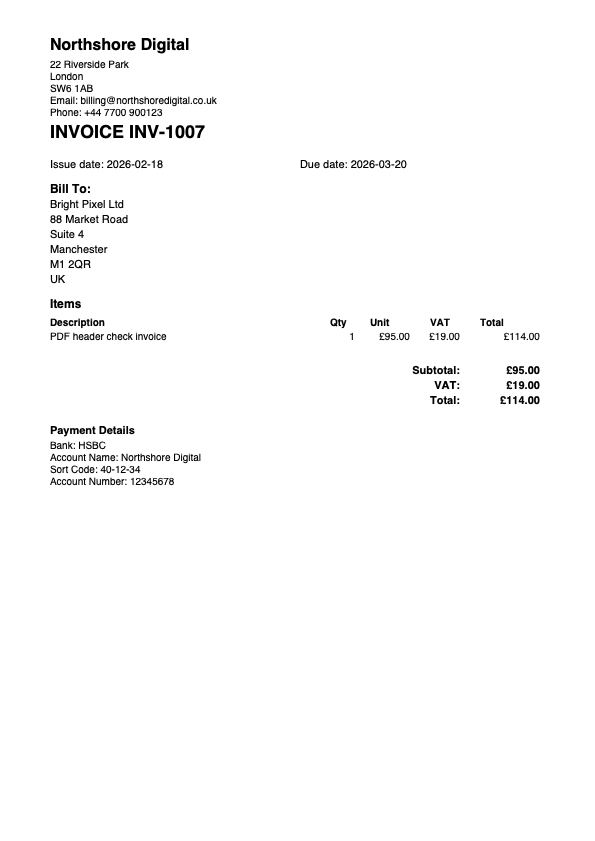 Example invoice PDF generated by the automation system